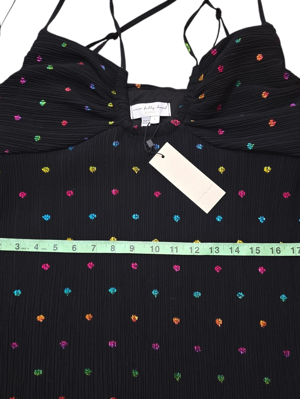 NWT Never Fully Dressed Megan Plissé Dress L Blk Metallic Polka Dot Maxi Halter - Picture 13 of 15